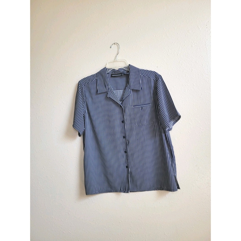 Impressions Women Collared Short Sleeve Blue White Stripe Blouse Career Top Sz14